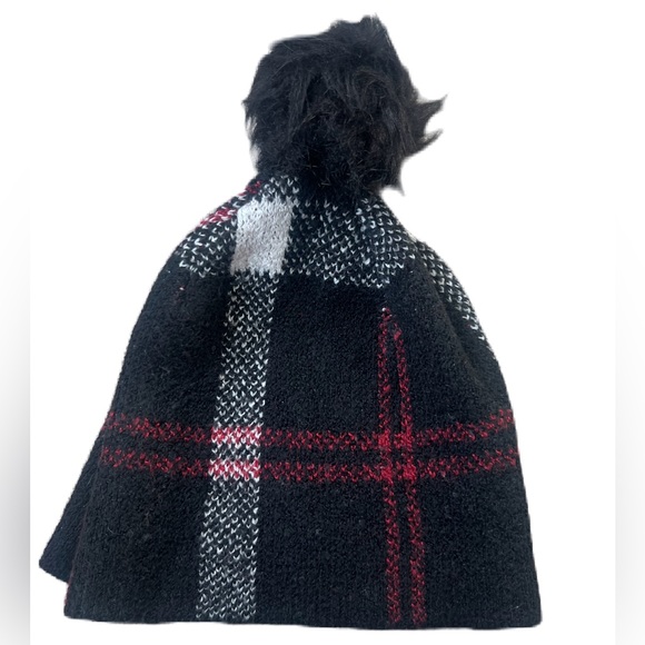 Christian Siriano Black with red and white winter pom pom hat plaid One size - Picture 4 of 5